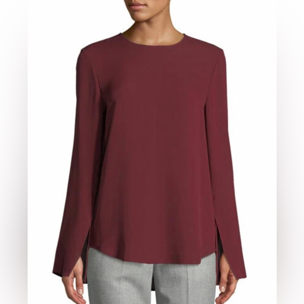 Theory Bringam Long Sleeve 100% Silk Crew Neck Deep Mulberry Blouse Size S NWT